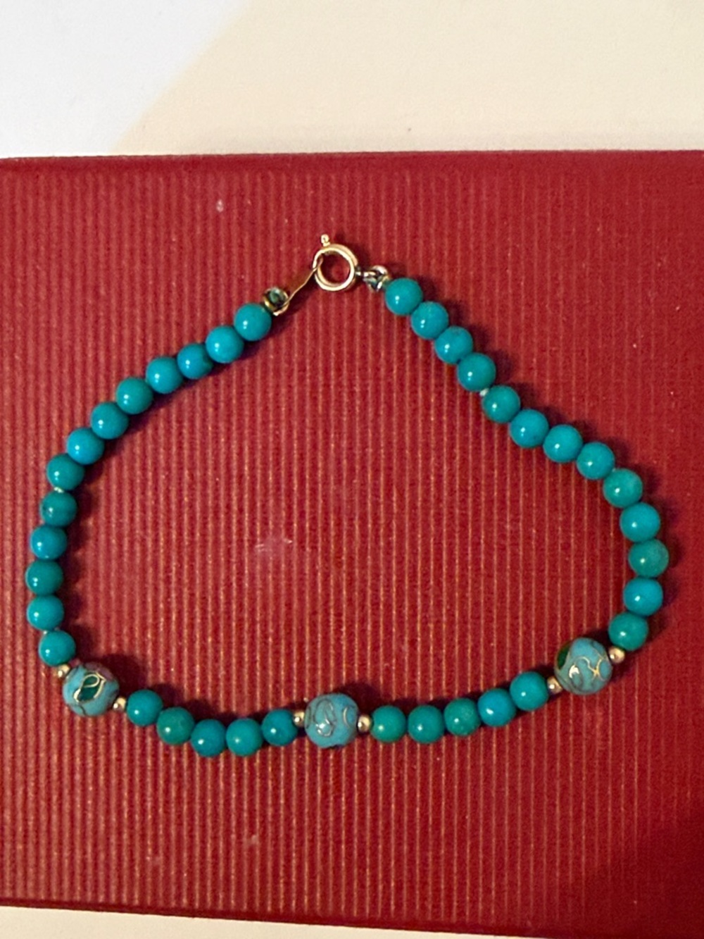 VINTAGE BRACELET TURQUOISE BEADS CLOISONNÉ BEADS & GF GOLD FILLED BEADS CLASP 7”